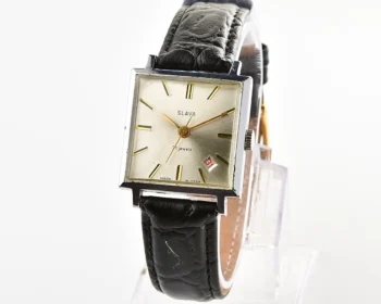 Square Slava Soviet mechanical watch with silver sunburst dial & date, 21 jewels, from the 1970s