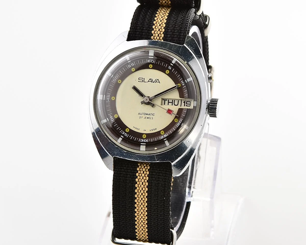 Slava Soviet mechanical vintage watch with automatic self-winding movement