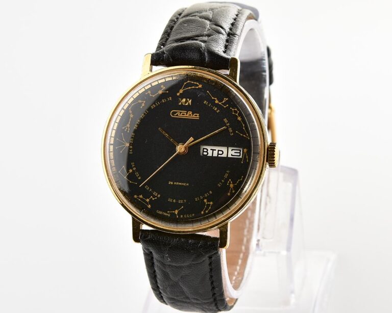 Soviet Slava gold plated mechanical wristwatch with Zodiak signs on the dial
