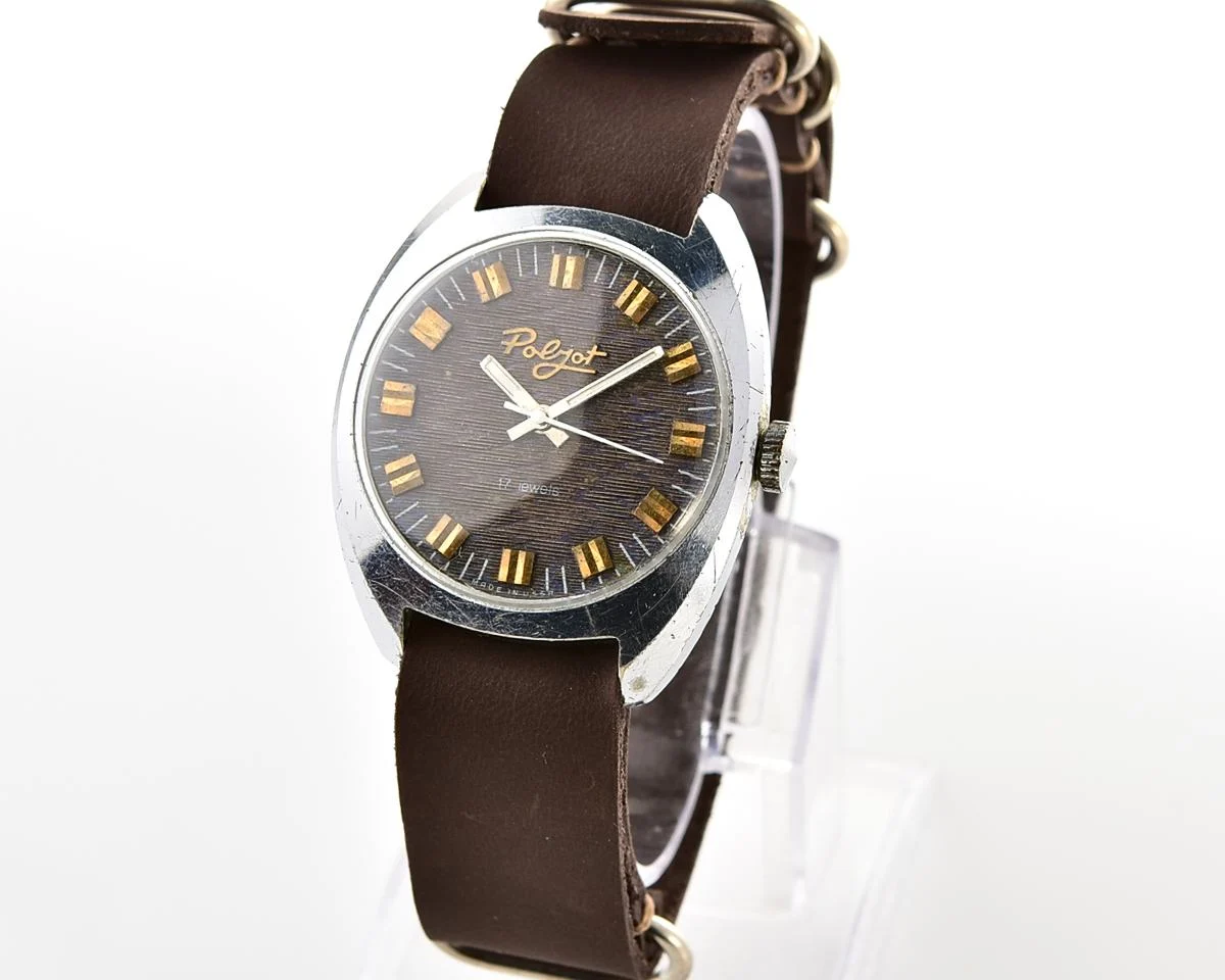 Vintage Soviet Poljot mechanical watch with intricate textured dial