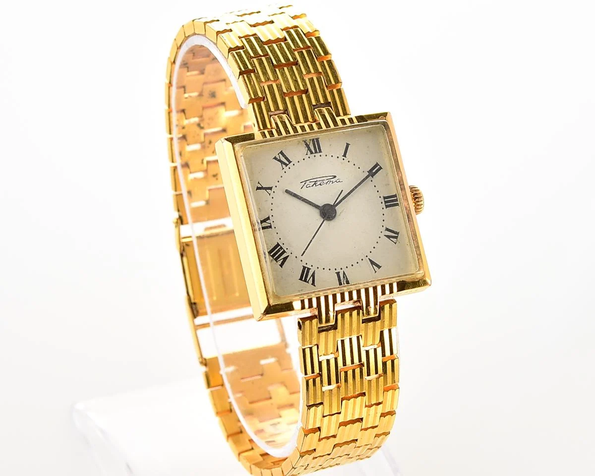 Rare Raketa gold-plated vintage mechanical wristwatch with integral bracelet