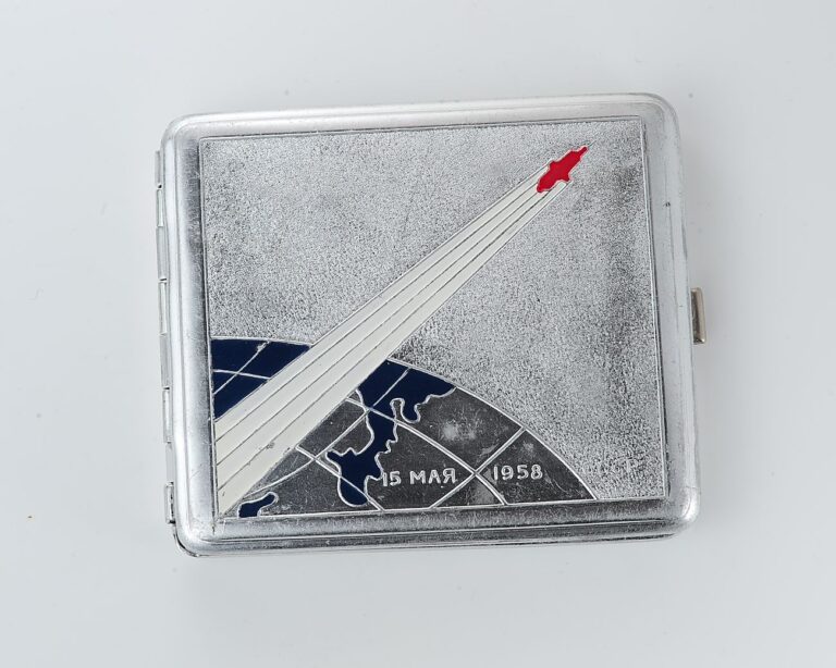 Vintage Space Rocket Sputnik-3 metal cigarette box - soviet cosmos exploration era relic