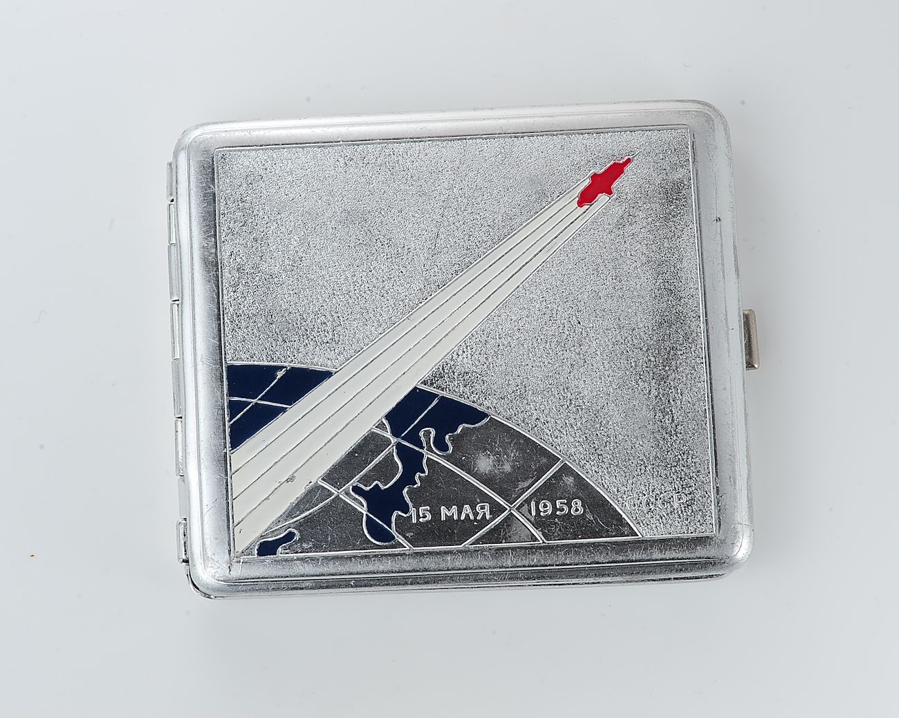 Vintage Space Rocket Sputnik-3 metal cigarette box - soviet cosmos exploration era relic