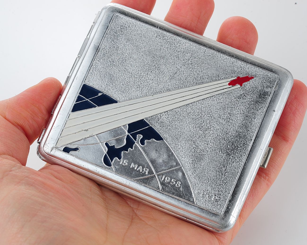 Vintage Space Rocket Sputnik-3 metal cigarette box - soviet cosmos exploration era relic