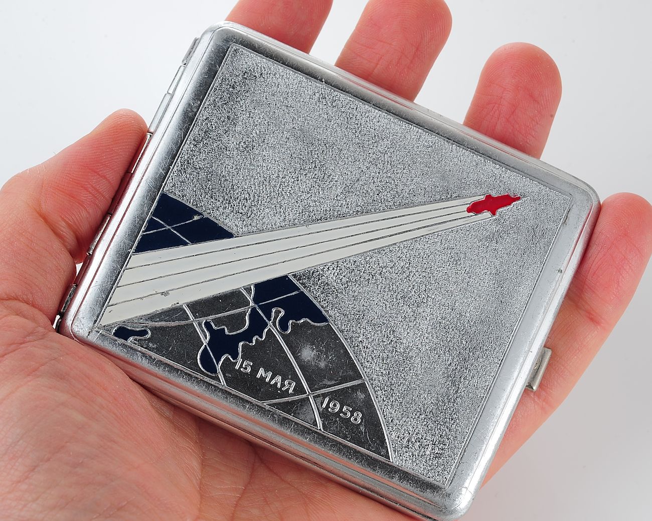 Vintage Space Rocket Sputnik-3 metal cigarette box - soviet cosmos exploration era relic