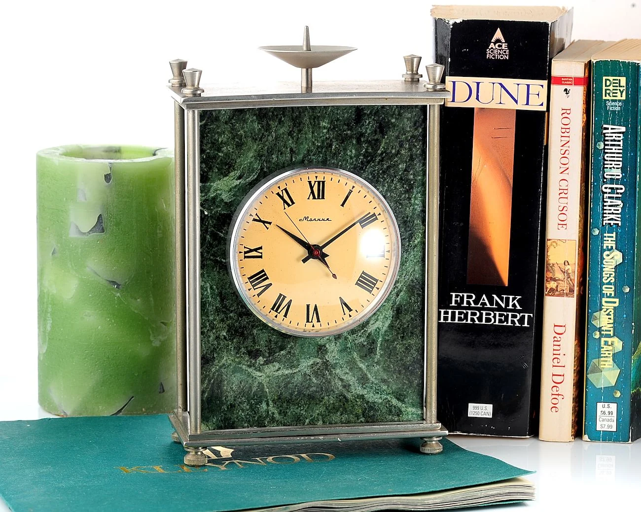 Vintage Molnija green marble mechanical table clock with 12 days power reserve!
