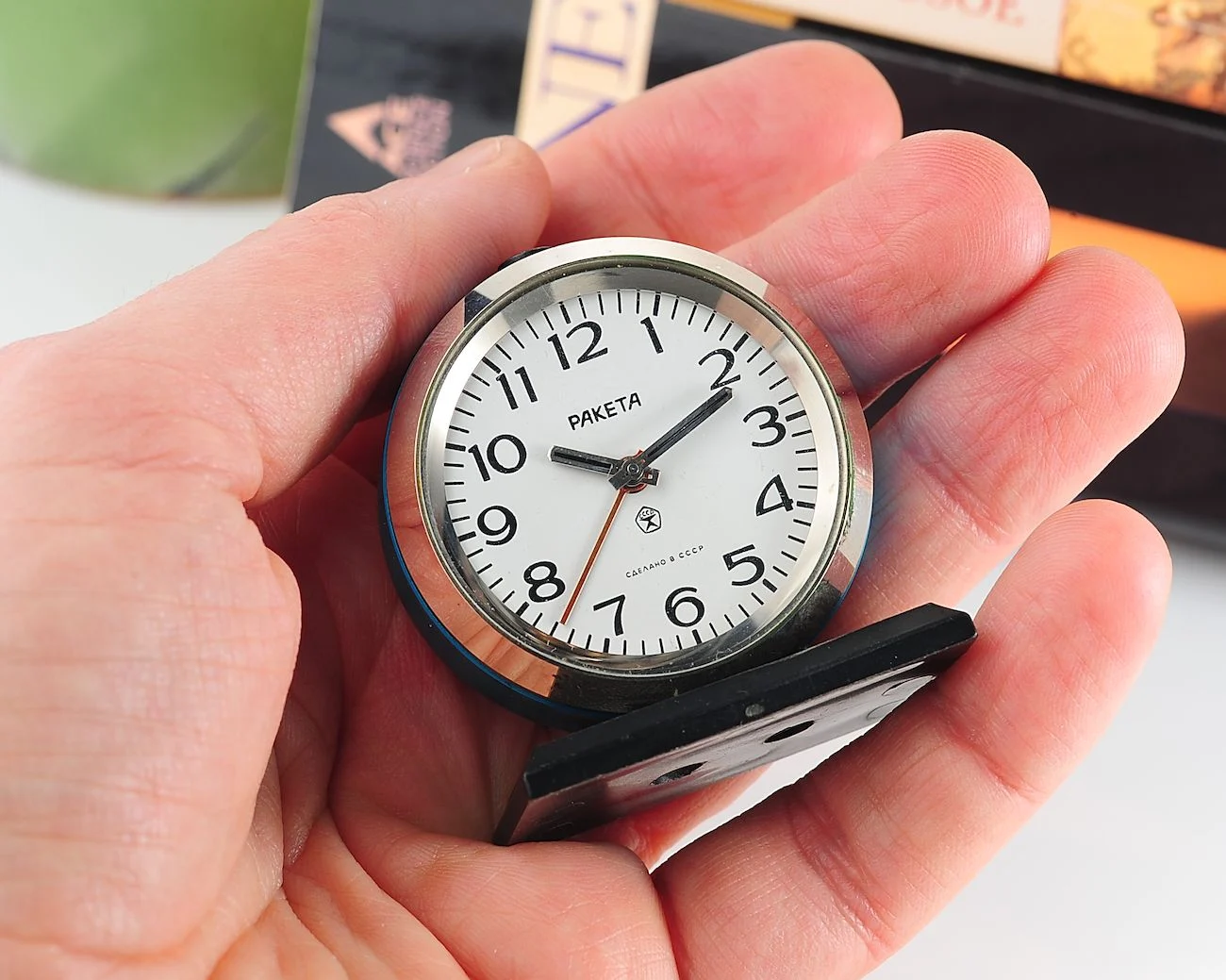 Small Raketa Soviet mechanical alarm clock - less than 2 inches in diameter