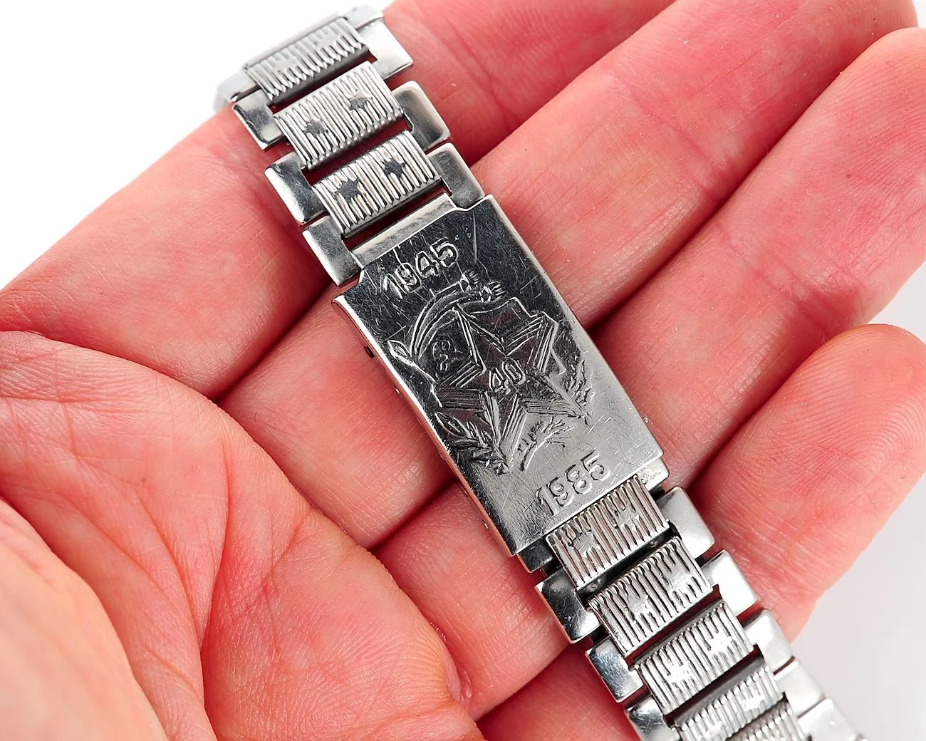 Vintage Soviet ornate stainless steel 16mm watch bracelet - 40 years anniversary of victory (in WW2)