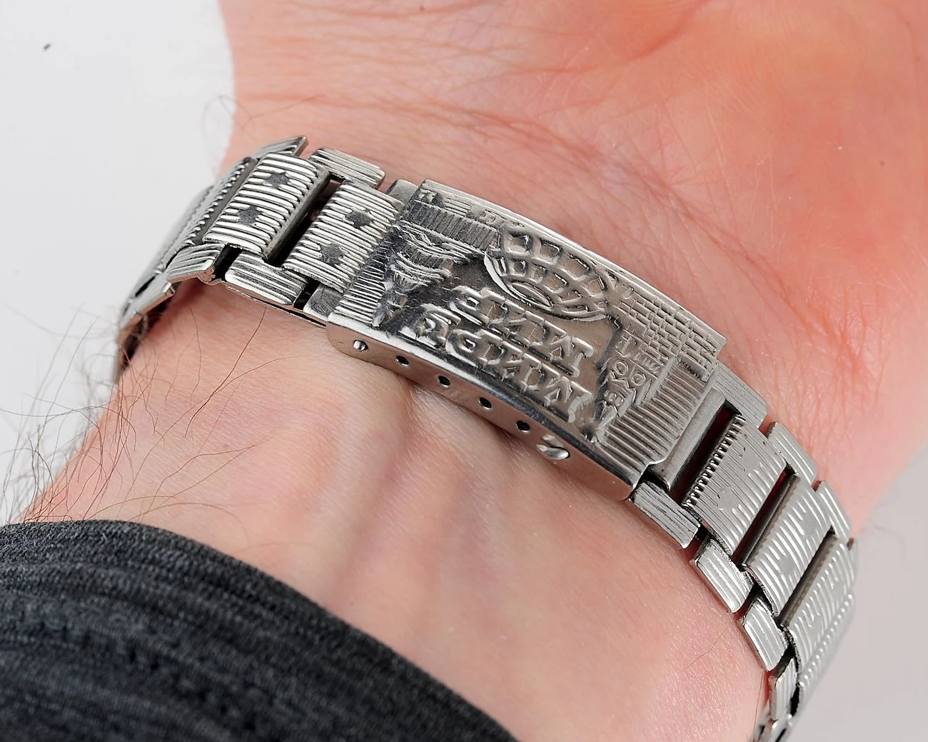 Vintage Soviet ornate stainless steel 14mm watch bracelet - USSR & USA Peace to the World!