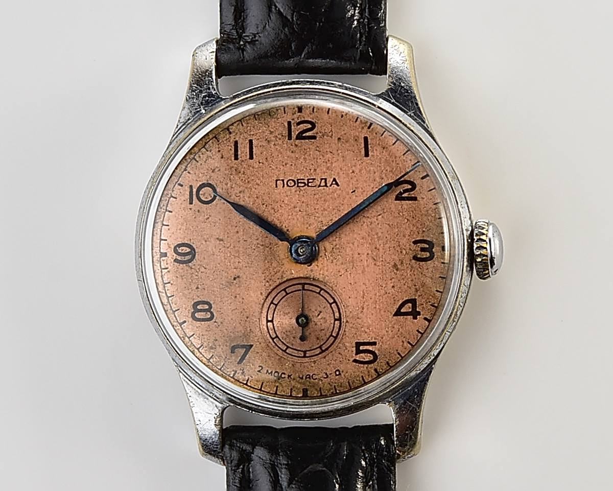 Vintage soviet POBEDA watch with bronze dial, the 4th quarter of 1955