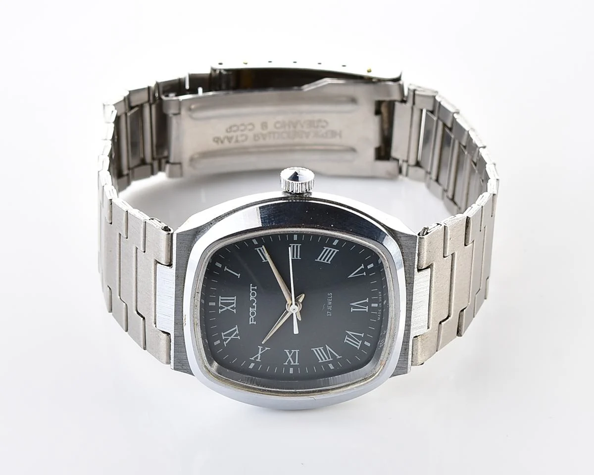 Soviet Poljot mechanical wristwatch with integral stainless steel bracelet