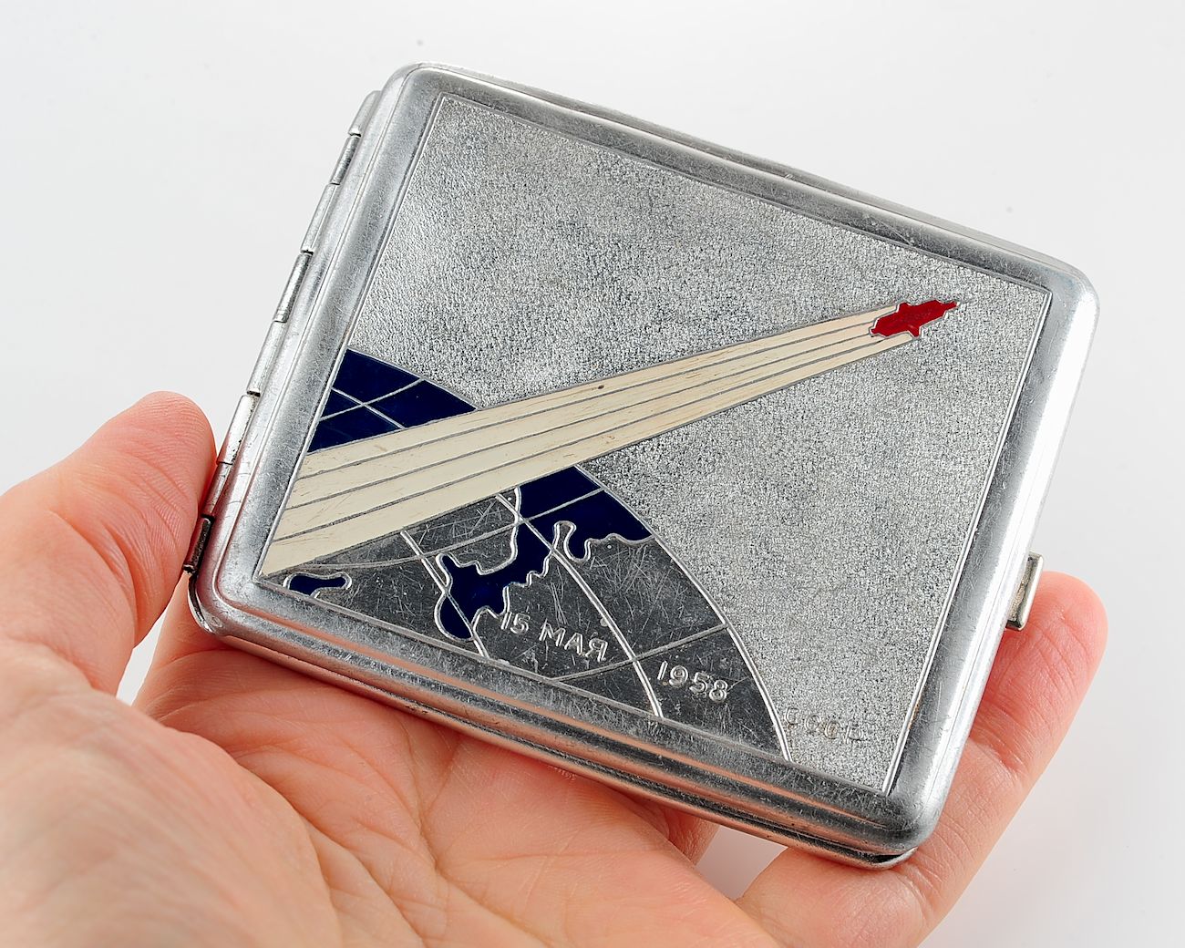 Vintage Space Rocket Sputnik-3 metal cigarette box - soviet cosmos exploration era relic