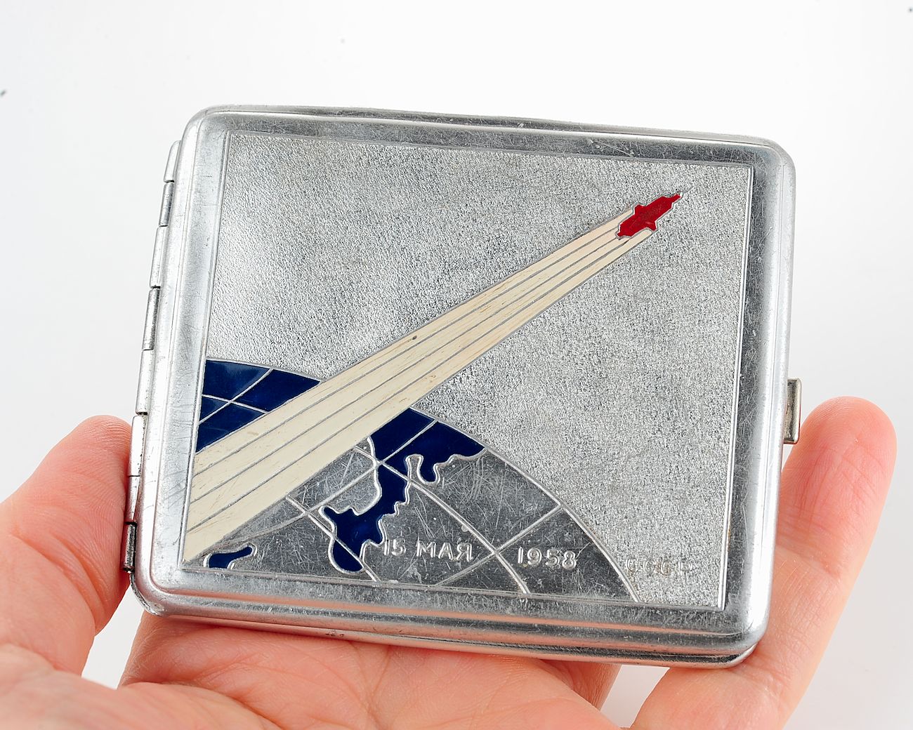 Vintage Space Rocket Sputnik-3 metal cigarette box - soviet cosmos exploration era relic