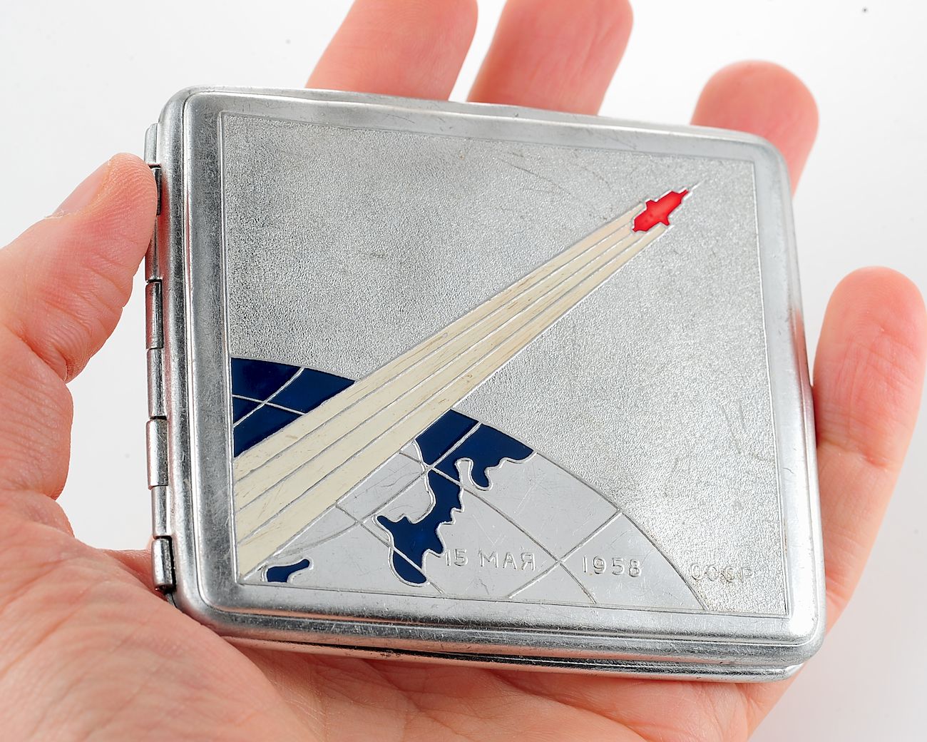 Vintage Space Rocket Sputnik-3 metal cigarette box - soviet cosmos exploration era relic
