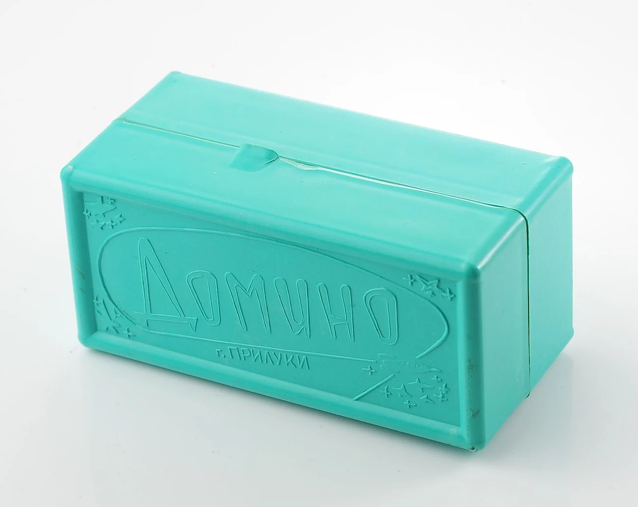 Vintage Soviet Domino set in a turquoise space-age box – rocket & stars lid, Sputnik-pattern tiles, made in Pryluky