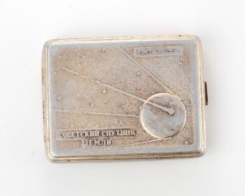 Soviet Sputnik vintage metal cigarette box - soviet cosmos exploration era relic