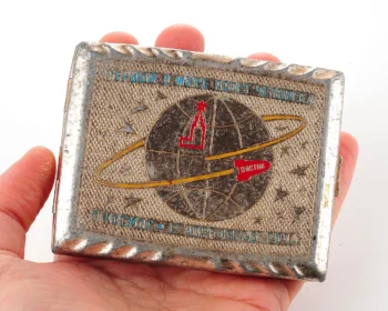 Vintage Space Rocket Vostok-1 metal cigarette box - Soviet cosmos exploration era relic