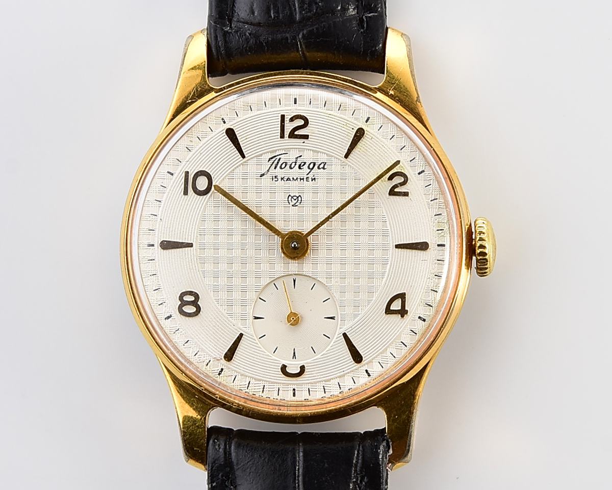 Vintage soviet mechanical POBEDA watch with rare textured dial, 2MChZ from 1950s