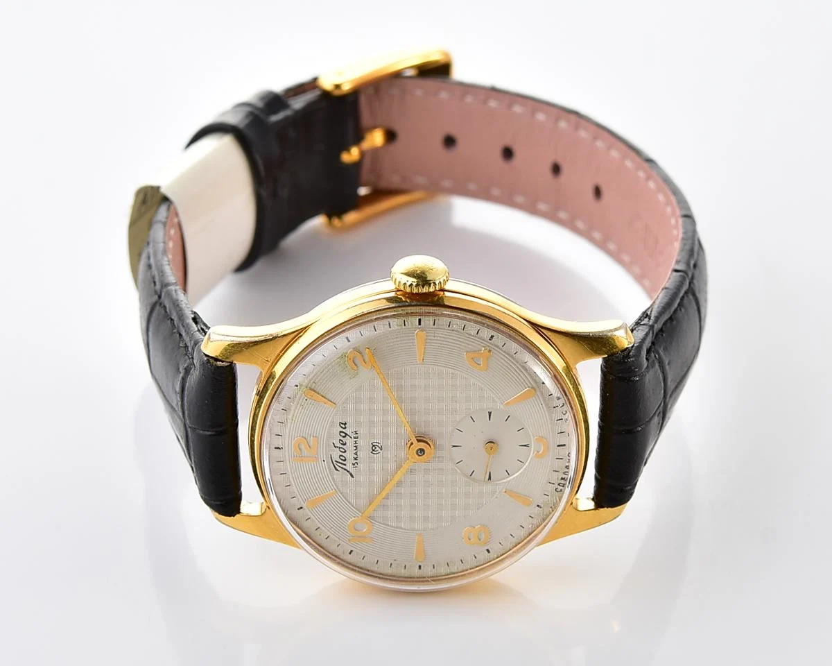 Vintage Soviet mechanical Pobeda watch with rare textured dial, 2MChZ from 1950s