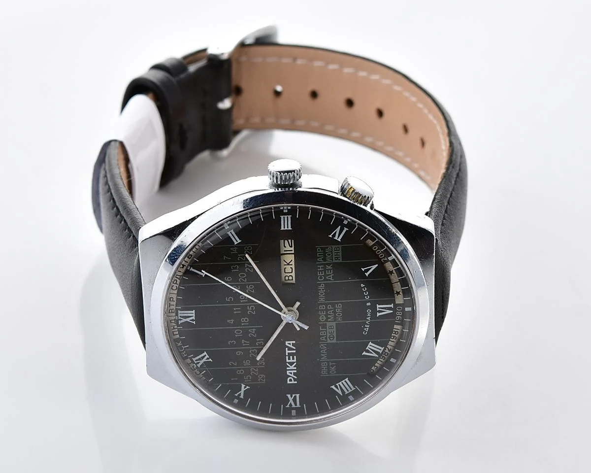 Soviet Raketa perpetual calendar mechanical watch with rare black dial