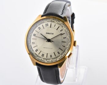 Excellent soviet Raketa World Traveler (Goroda) wristwatch with 24 hours 2623.H mechanical movement