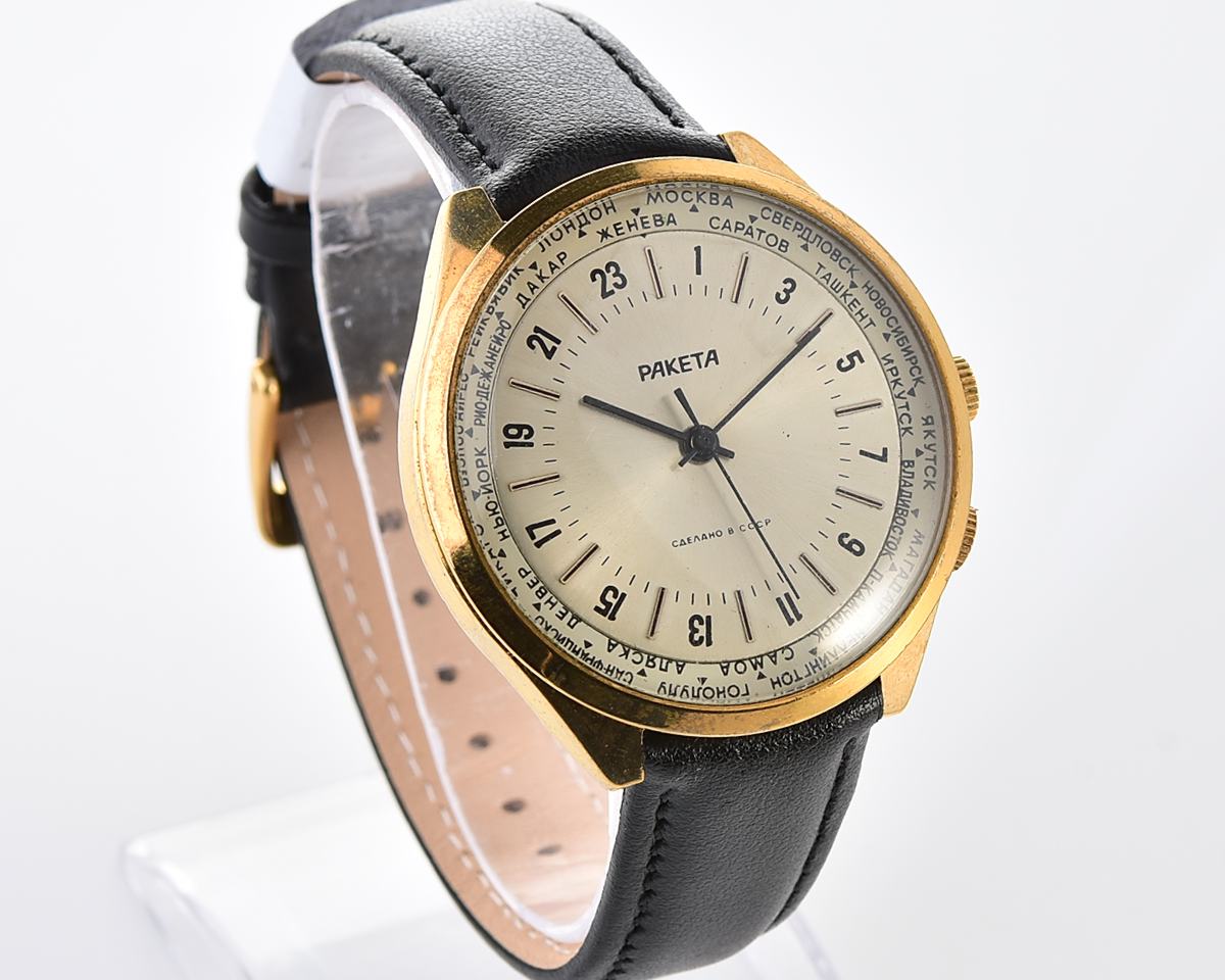 Excellent soviet Raketa World Traveler (Goroda) wristwatch with 24 hours 2623.H mechanical movement