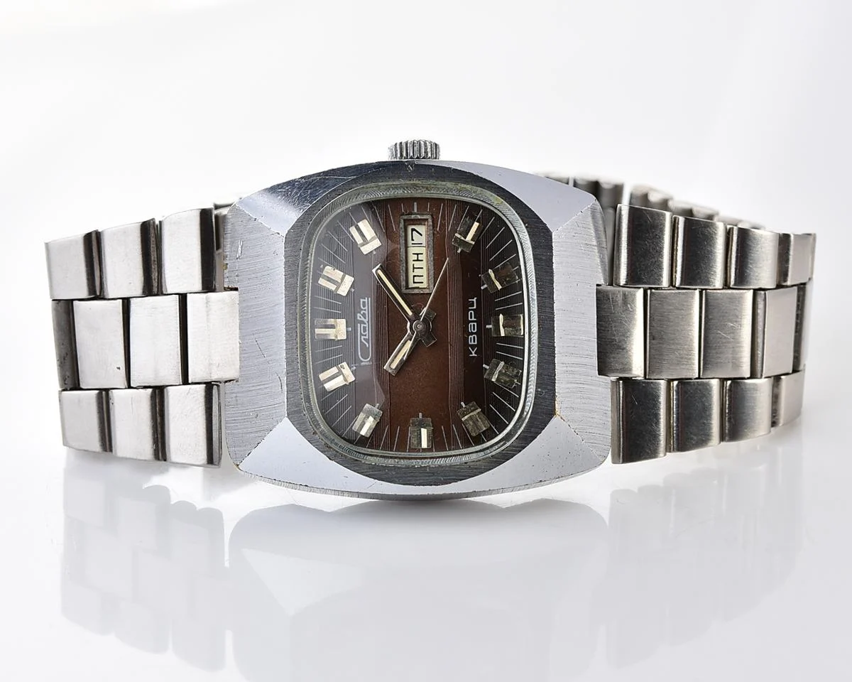 Soviet Slava quartz wristwatch with beautiful faceted crystal