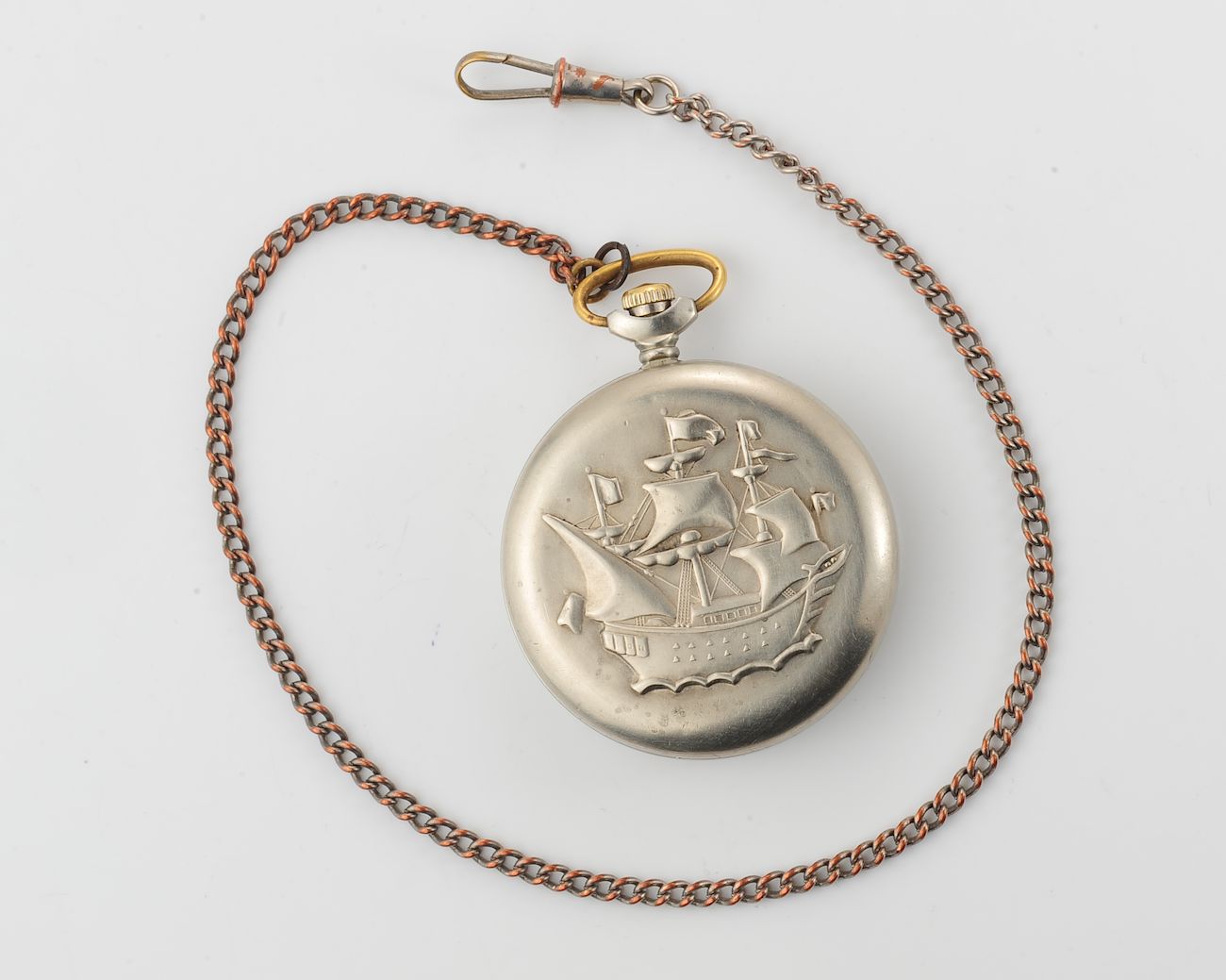 Vintage soviet Molnija mechanical pocket watch, with sailship on the back!