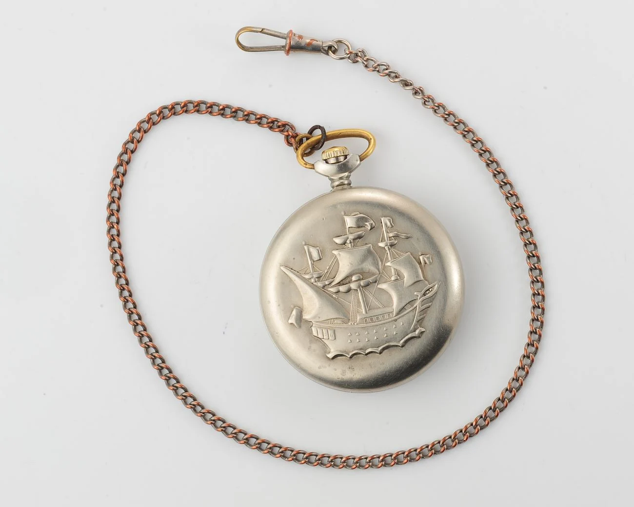 Vintage Soviet Molnija mechanical pocket watch, with sailship on the back!