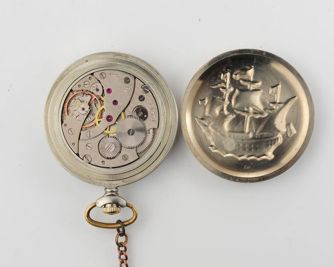 Vintage Soviet Molnija mechanical pocket watch, with sailship on the back!