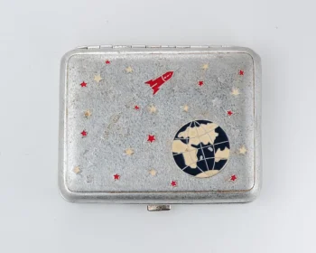 Vintage Space Rocket Vostok-1 metal cigarette box - Soviet cosmos exploration era relic