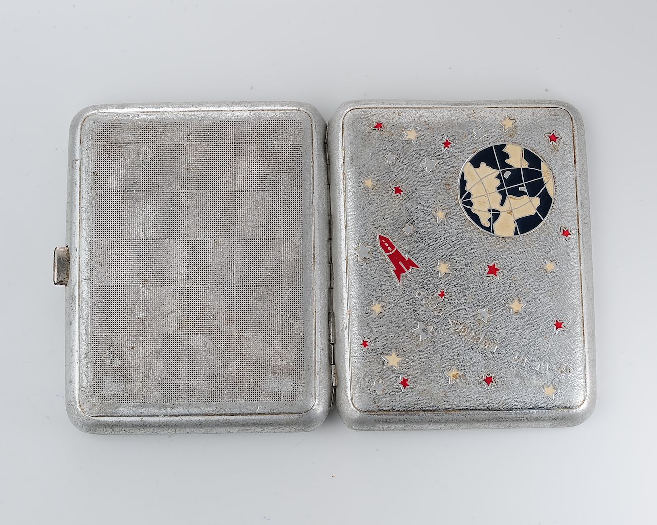 Vintage Space Rocket Vostok-1 metal cigarette box - soviet cosmos exploration era relic
