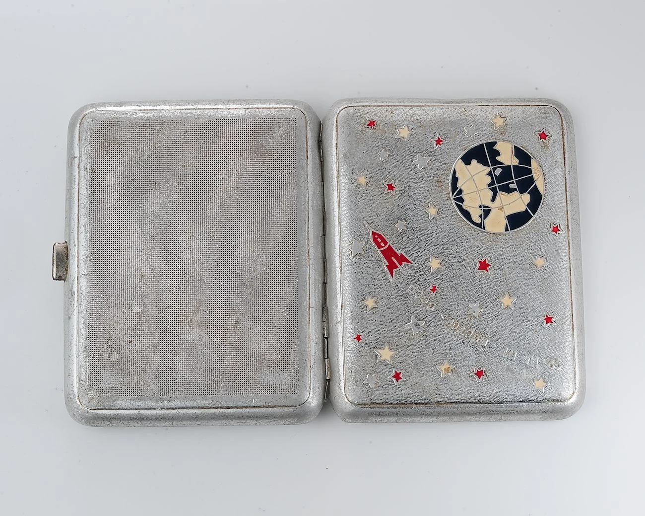 Vintage Space Rocket Vostok-1 metal cigarette box - Soviet cosmos exploration era relic