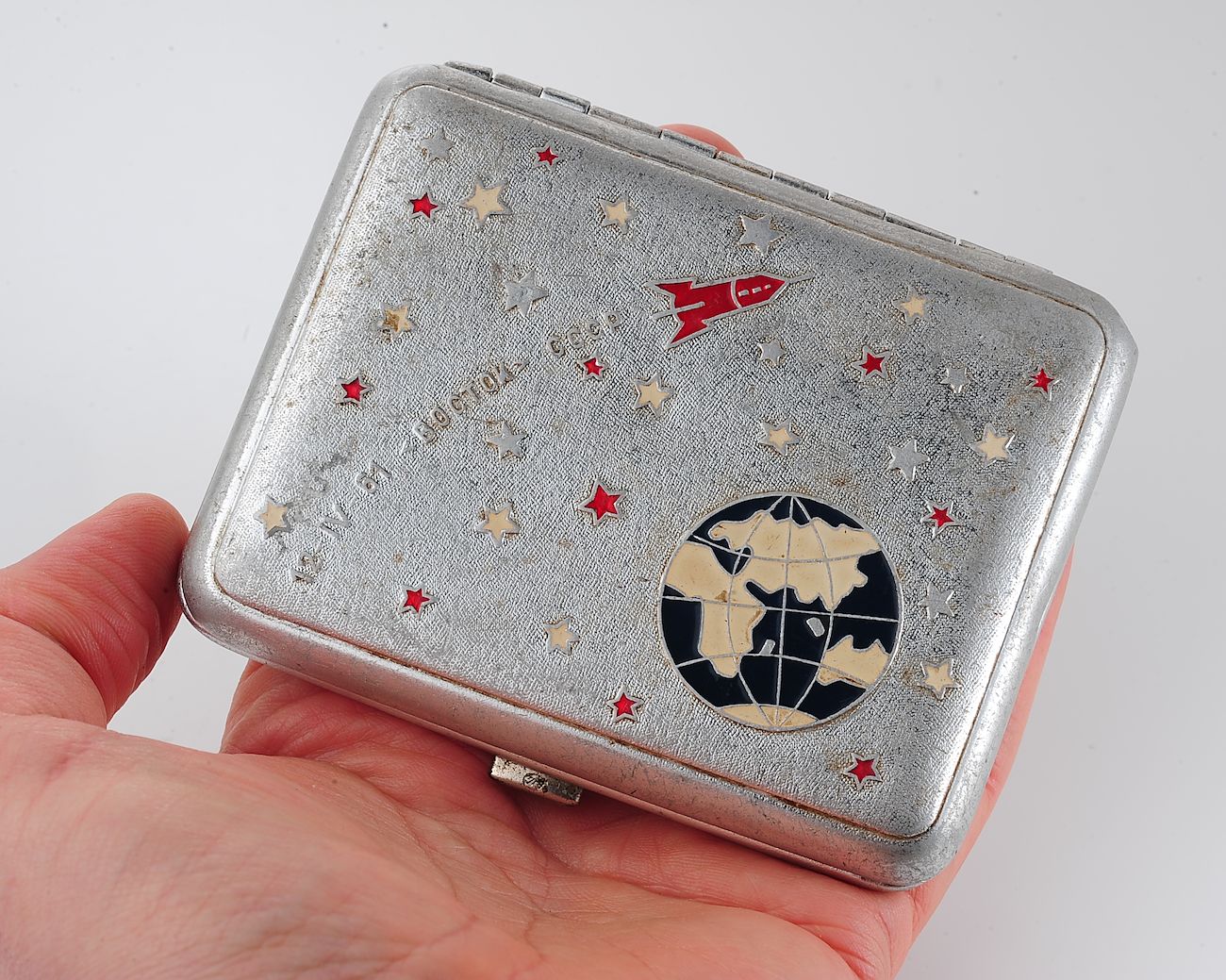 Vintage Space Rocket Vostok-1 metal cigarette box - soviet cosmos exploration era relic