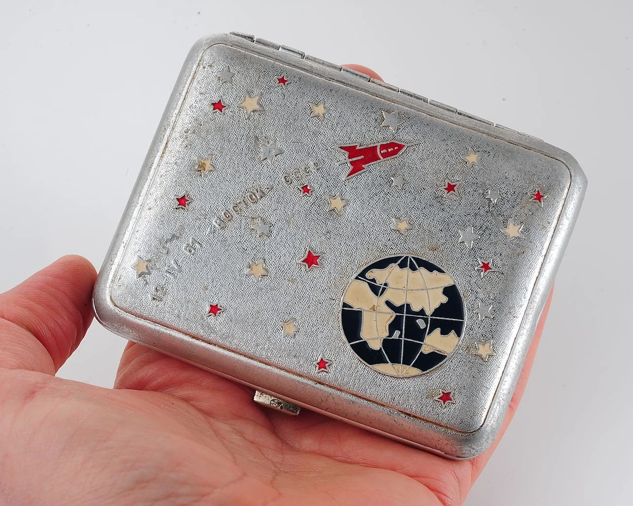 Vintage Space Rocket Vostok-1 metal cigarette box - Soviet cosmos exploration era relic