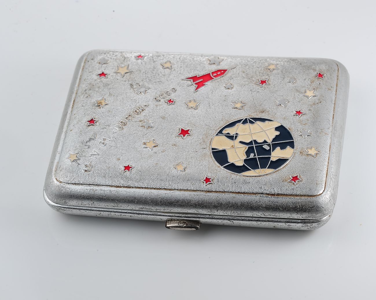 Vintage Space Rocket Vostok-1 metal cigarette box - soviet cosmos exploration era relic