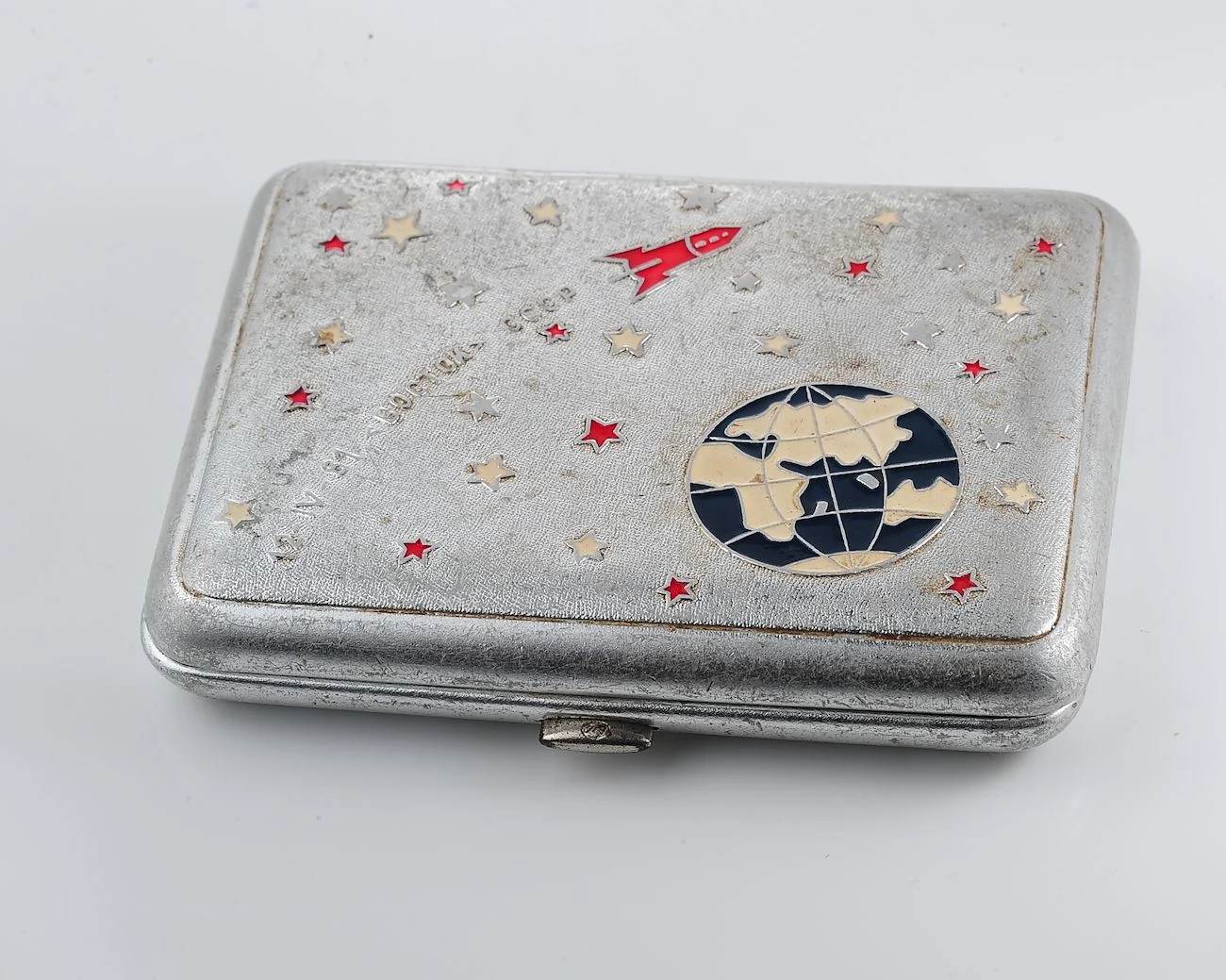 Vintage Space Rocket Vostok-1 metal cigarette box - Soviet cosmos exploration era relic