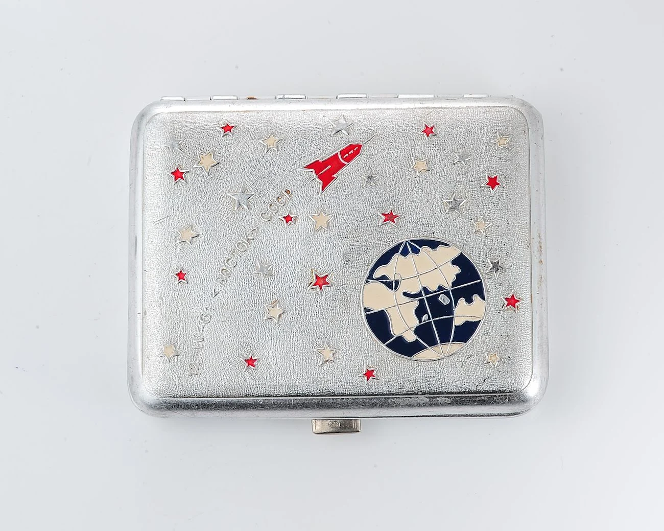 Vintage Space Rocket Vostok-1 metal cigarette box - Soviet cosmos exploration era relic