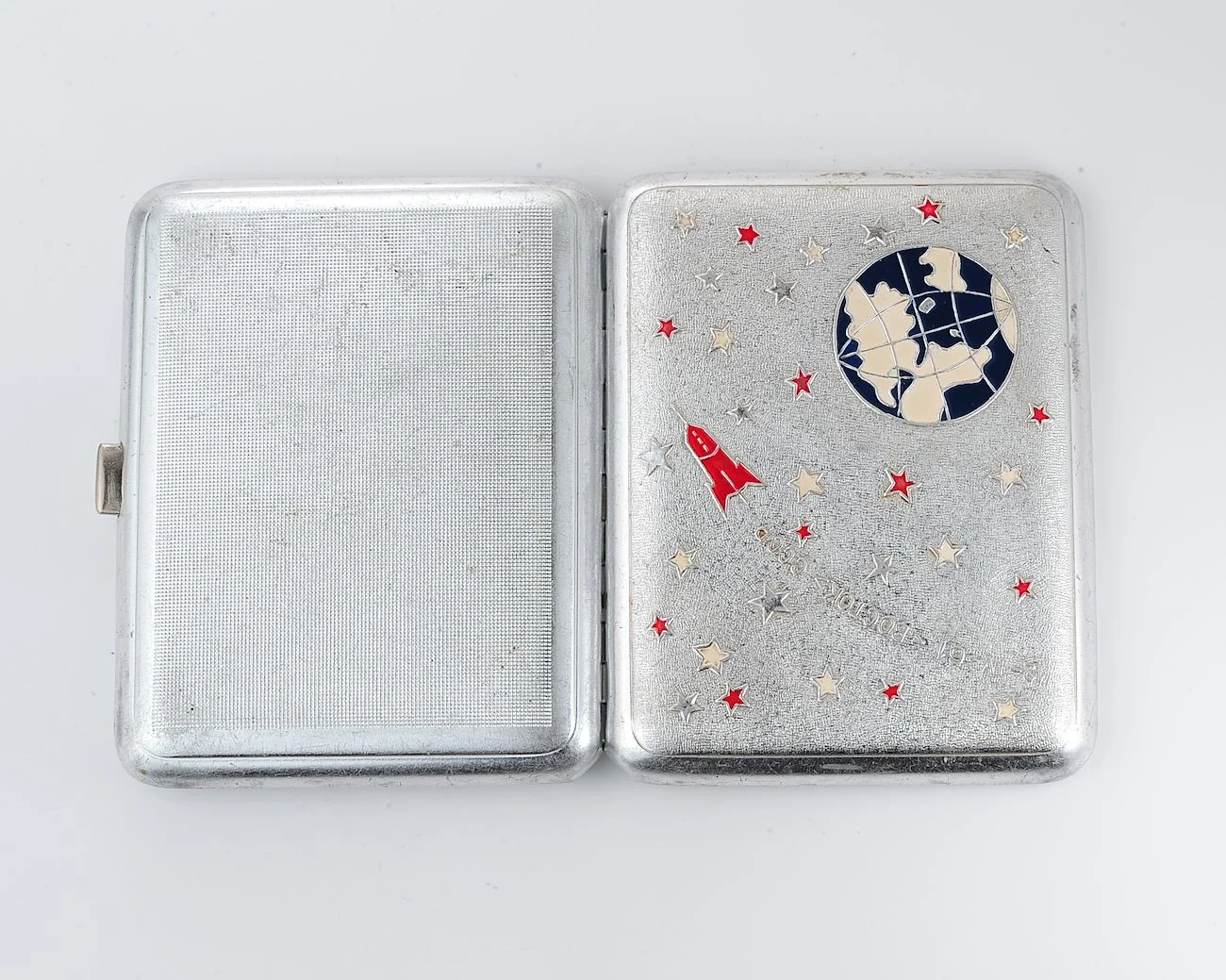 Vintage Space Rocket Vostok-1 metal cigarette box - Soviet cosmos exploration era relic