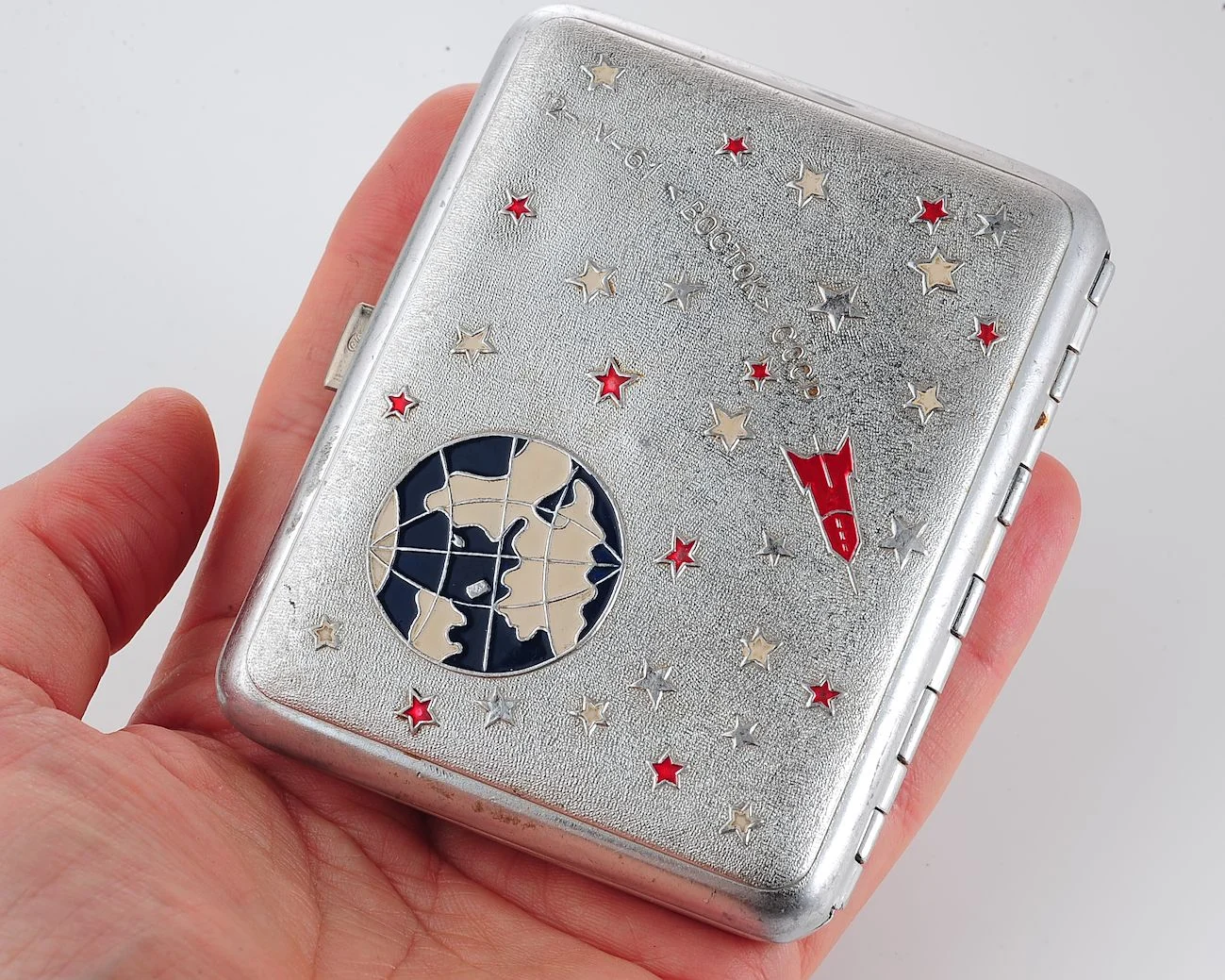 Vintage Space Rocket Vostok-1 metal cigarette box - Soviet cosmos exploration era relic