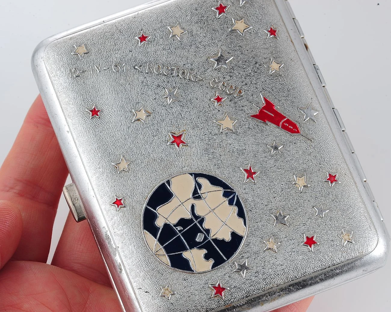 Vintage Space Rocket Vostok-1 metal cigarette box - Soviet cosmos exploration era relic