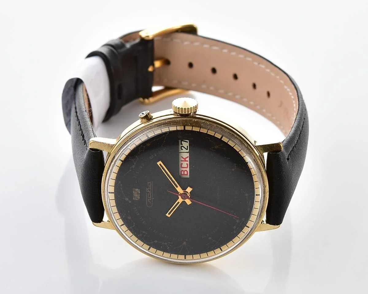 Soviet Slava gold plated mechanical wristwatch with Zodiak signs on the dial