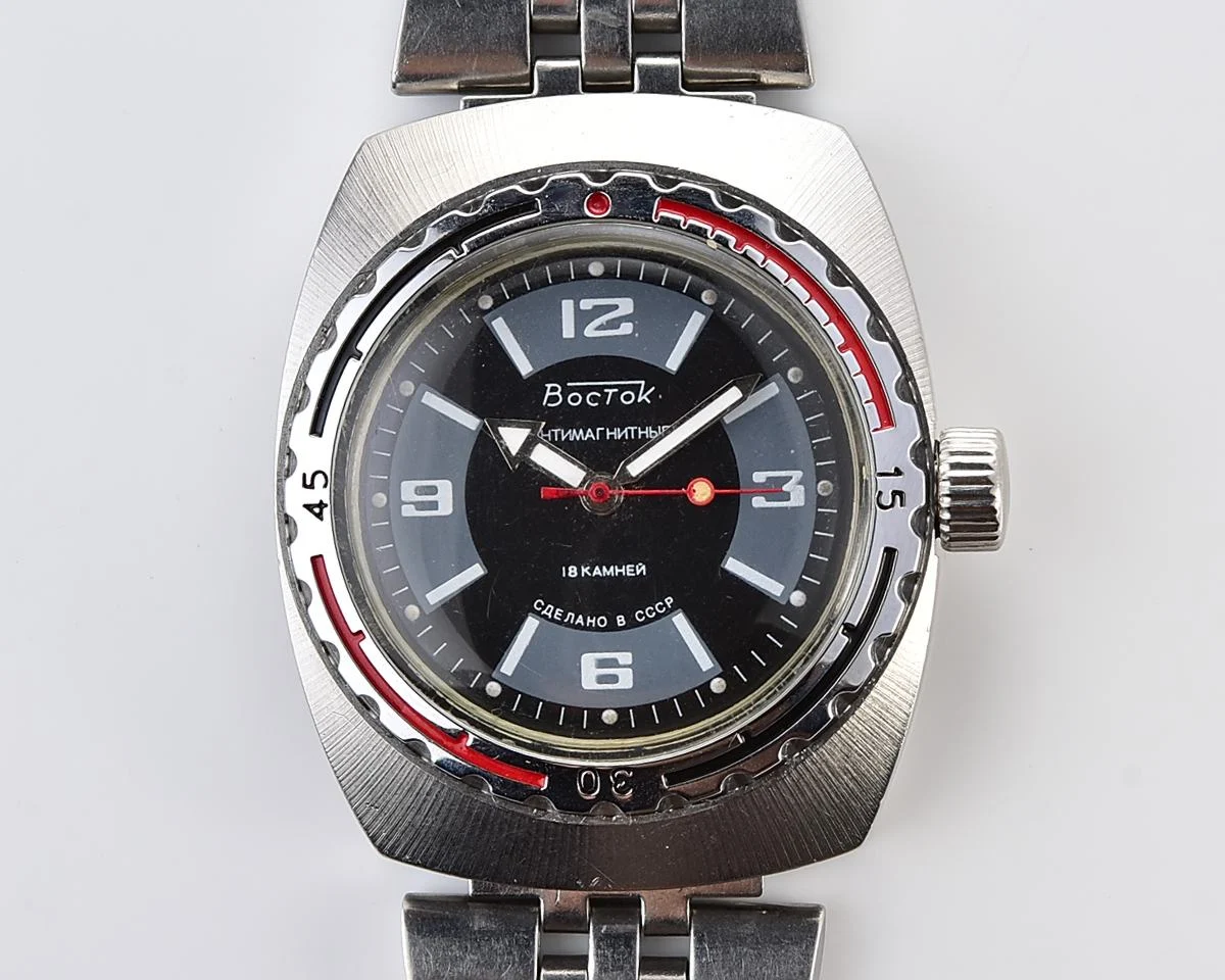 Soviet Vostok Amphibia watch, stainless steel tonneau case