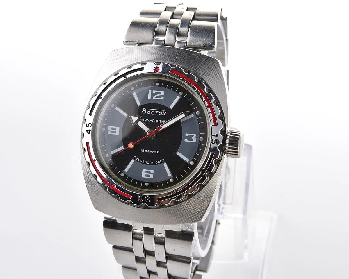 Soviet Vostok Amphibia watch, stainless steel tonneau case