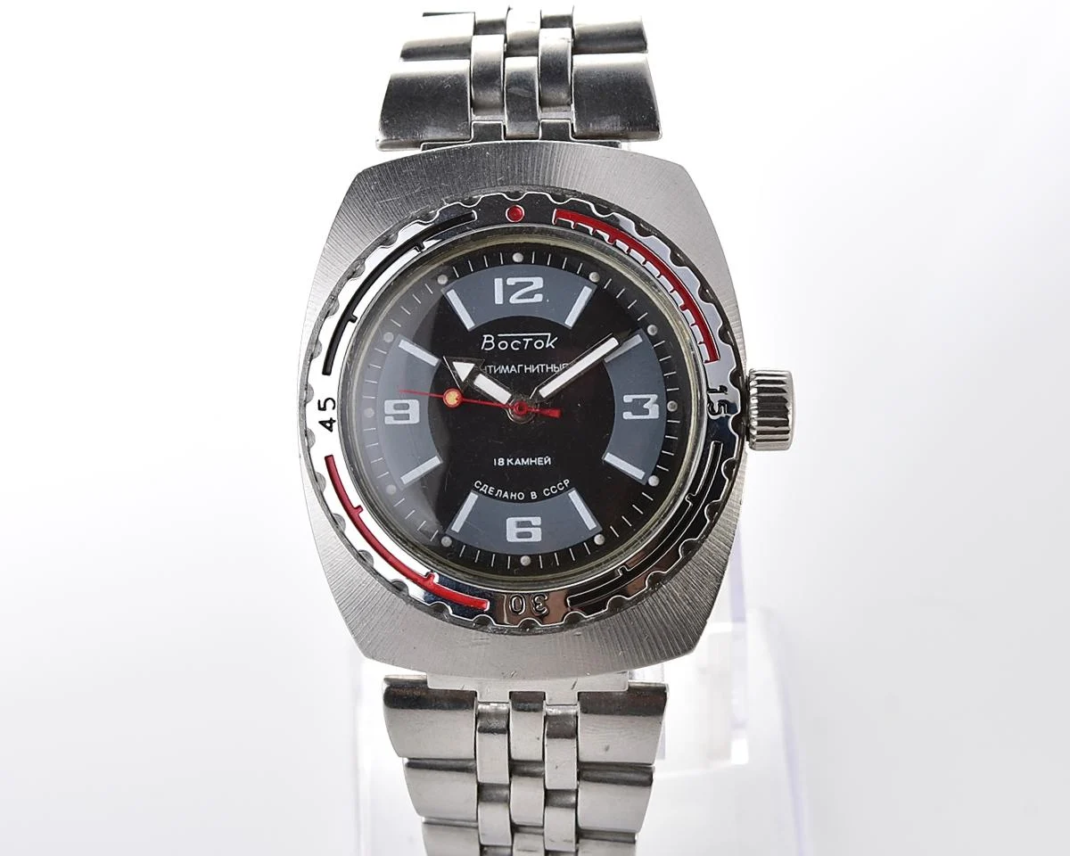 Soviet Vostok Amphibia watch, stainless steel tonneau case