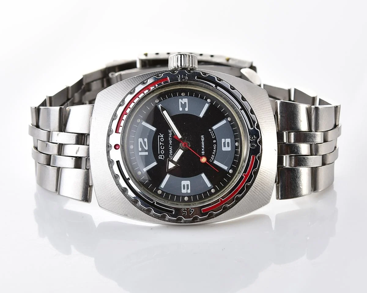 Soviet Vostok Amphibia watch, stainless steel tonneau case