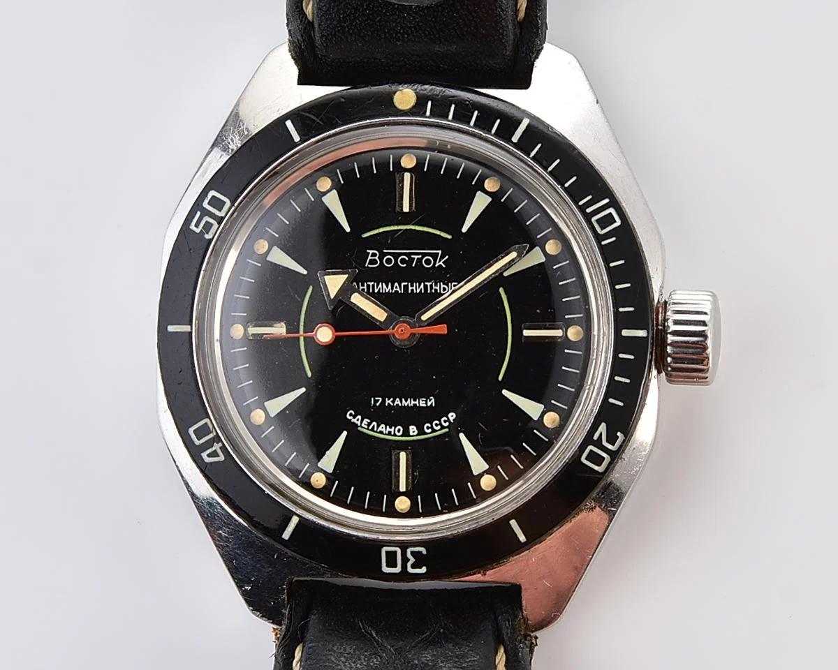 Soviet Vostok Amphibia "Sniper" mechanical watch with black bezel & genuine leather strap
