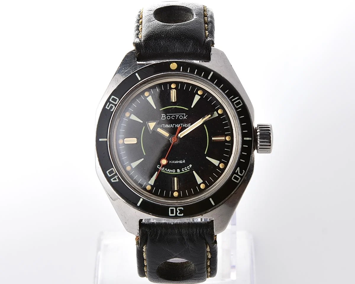 Soviet Vostok Amphibia "Sniper" mechanical watch with black bezel & genuine leather strap