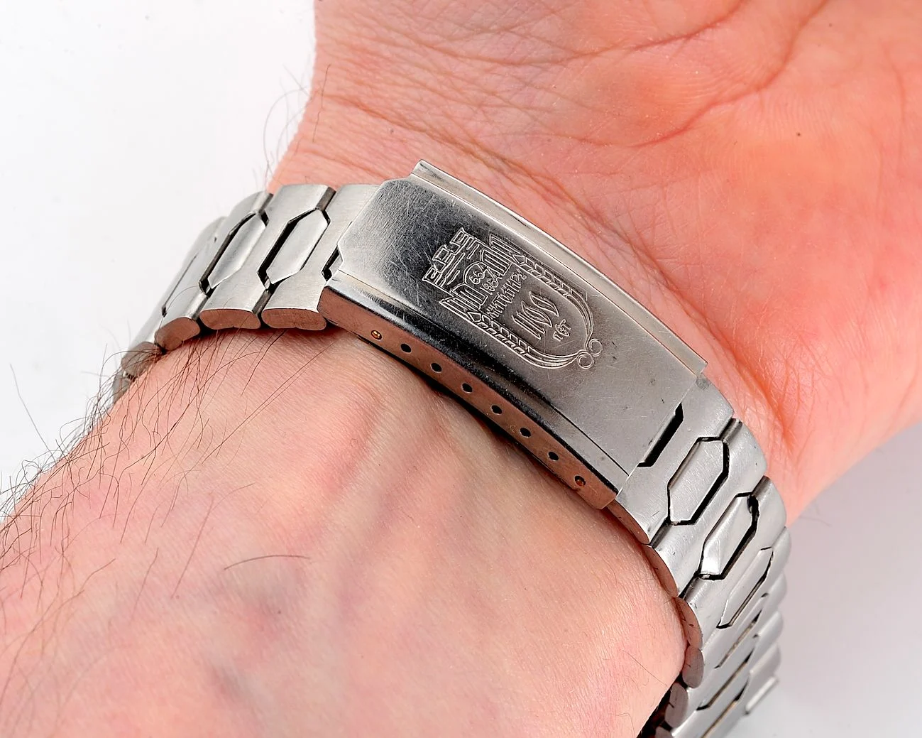 Vintage Soviet stainless steel 18mm watch bracelet with "Zhytomir(city) 1100 years" on the buckle