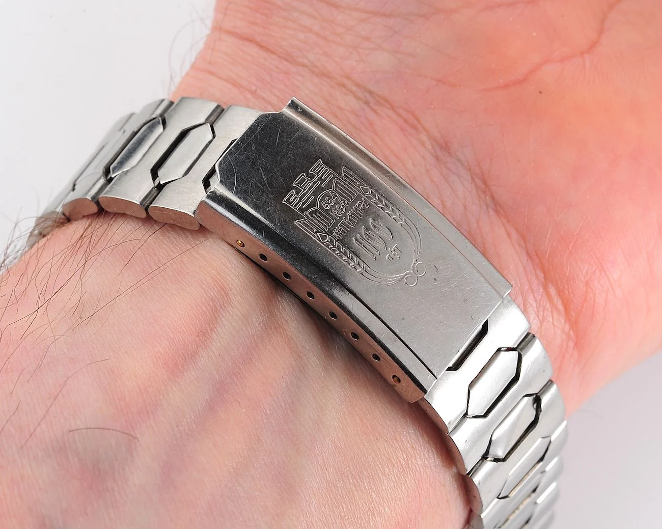 Vintage Soviet stainless steel 18mm watch bracelet with "Zhytomir(city) 1100 years" on the buckle